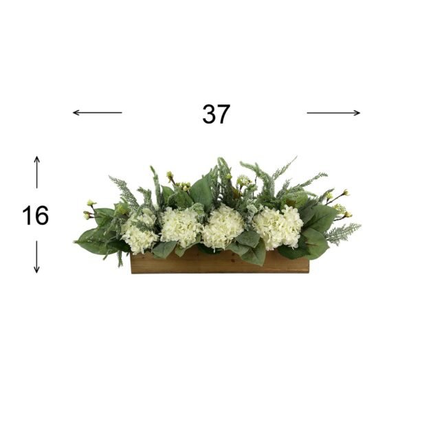 Hydrangea and Snowy Evergreen Holiday Centerpiece in a Wood Planter - Image 2