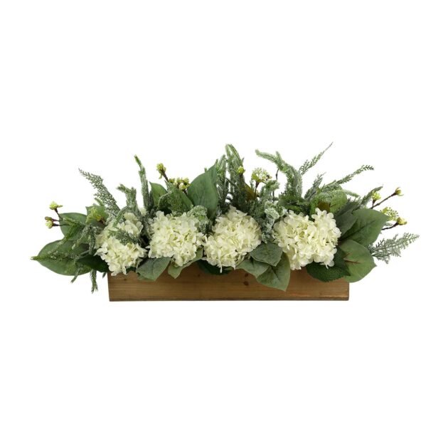 Hydrangea and Snowy Evergreen Holiday Centerpiece in a Wood Planter