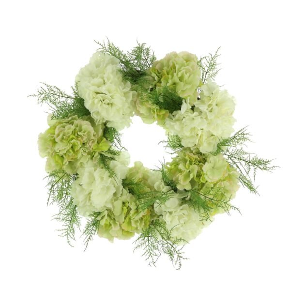 27" Green and White Hydrangea Wreath with Asparagus Ferns