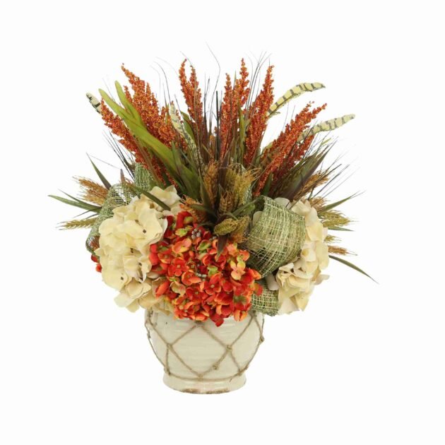 Fall Arrangement with Hydrangea and Bows in a Ceramic Vase