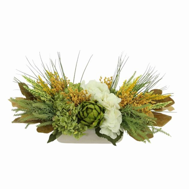 Hydrangea, Heather and Artichoke Fall Centerpiece in Oval Pot