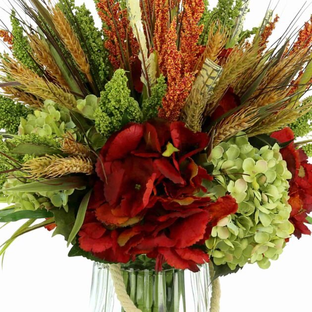 Assorted Hydrangea and Heather with Wheat in a Glass Vase - Image 3