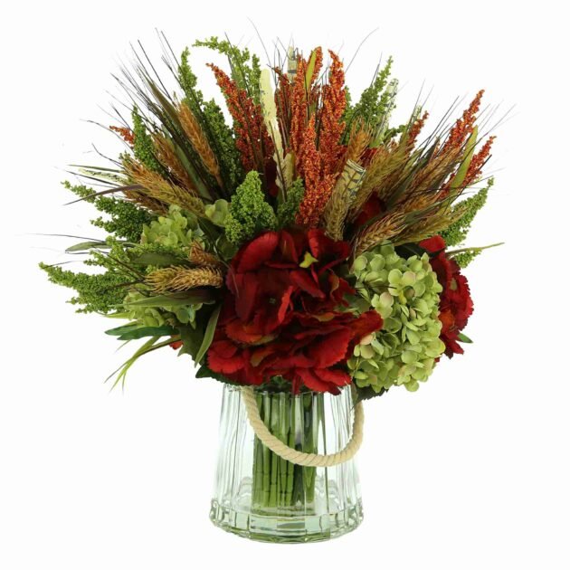 Assorted Hydrangea and Heather with Wheat in a Glass Vase