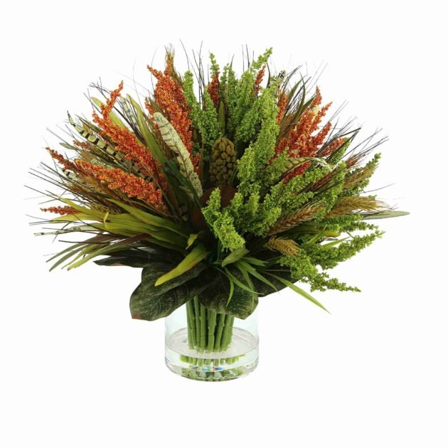 Assorted Heather and Wheat Arrangement in Glass Vase