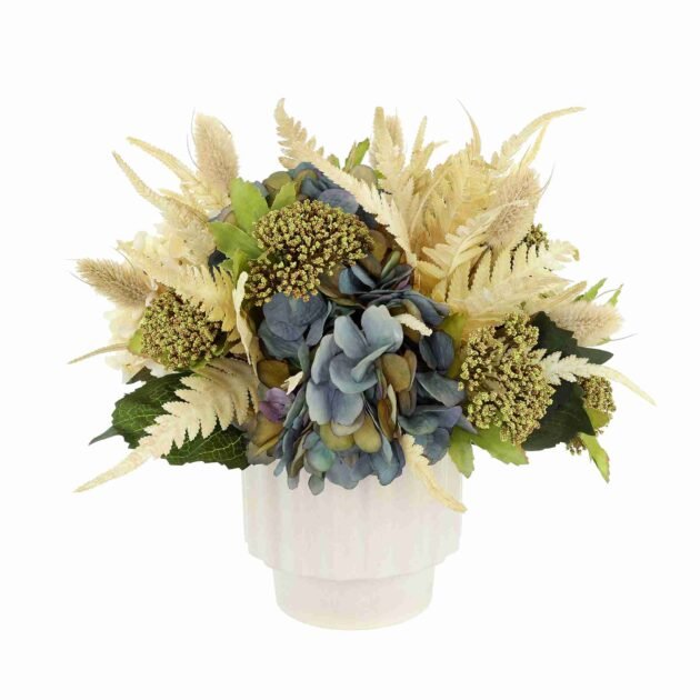 Fern and Hydrangea Arranged in Ceramic Pot