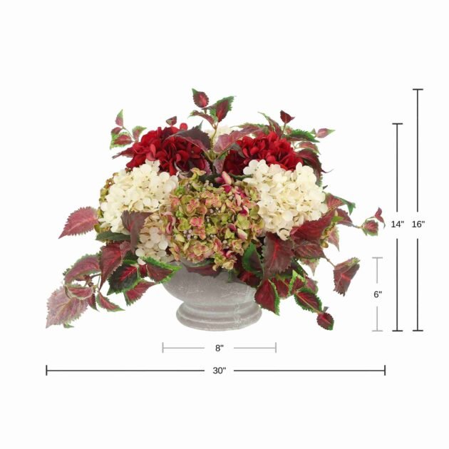 Assorted Hydrangeas and Ivy Arranged in Stone Pot - Image 2
