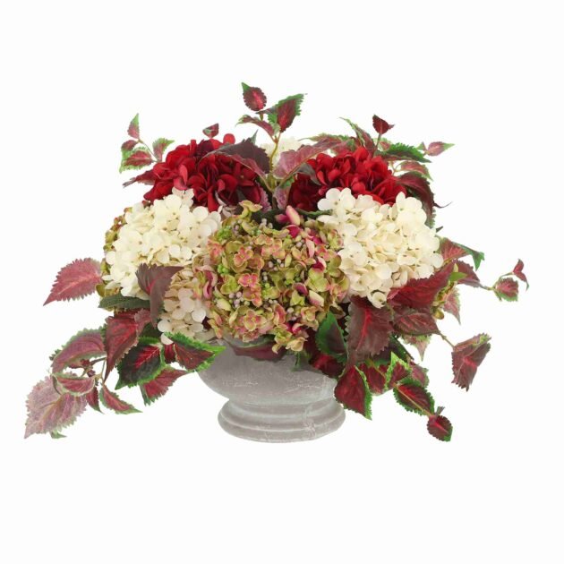Assorted Hydrangeas and Ivy Arranged in Stone Pot