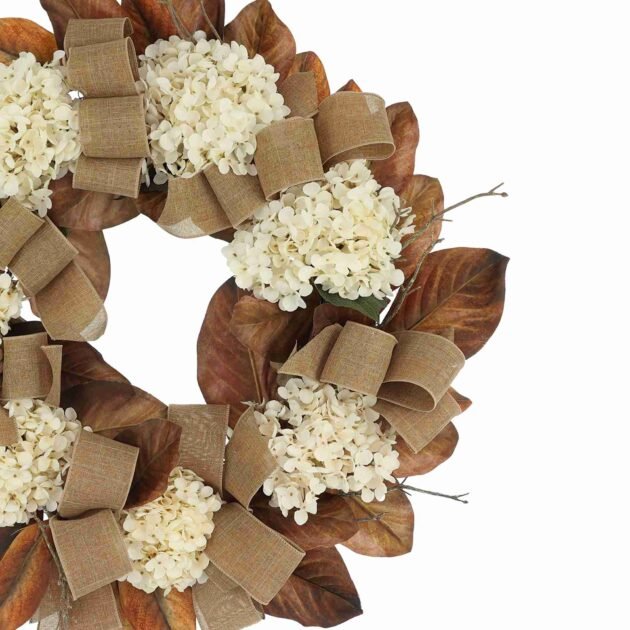 28" Fall Wreath with Hydrangeas and Burlap Bows - Image 3