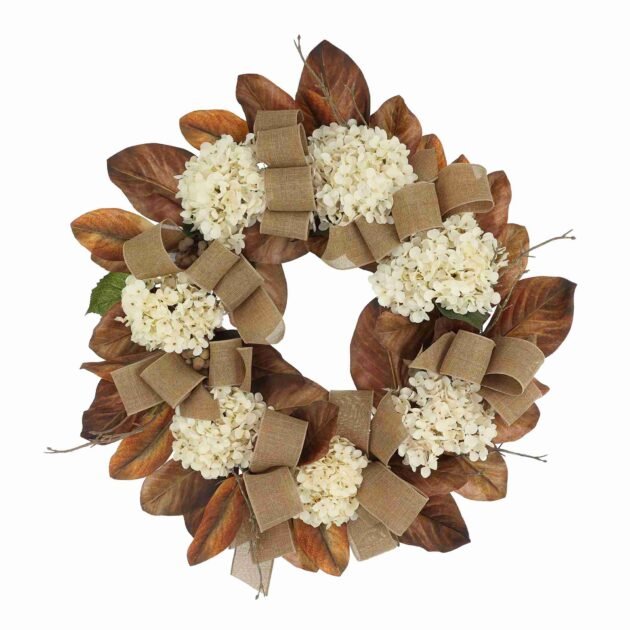 28" Fall Wreath with Hydrangeas and Burlap Bows