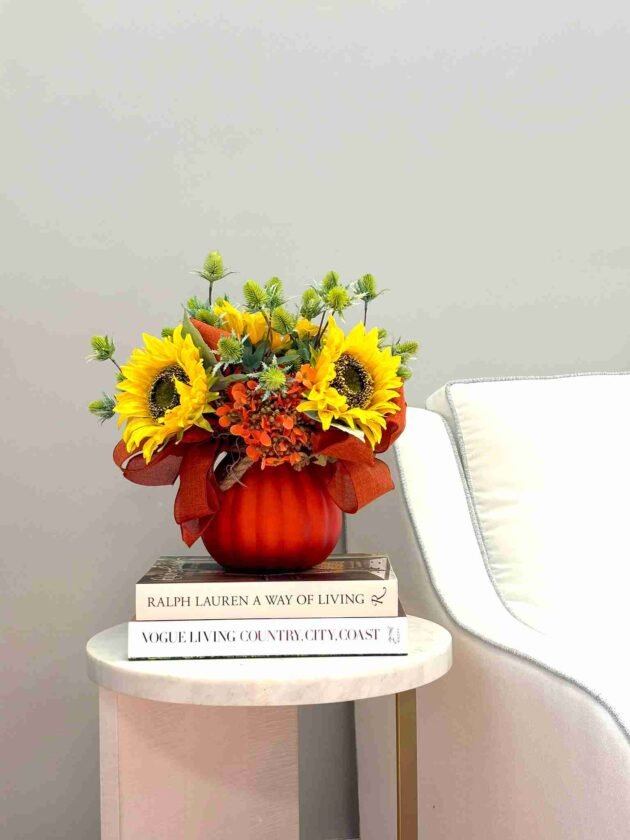 Fall Sunflower and Hydrangeas Arranged in Pumpkin Glass - Image 4
