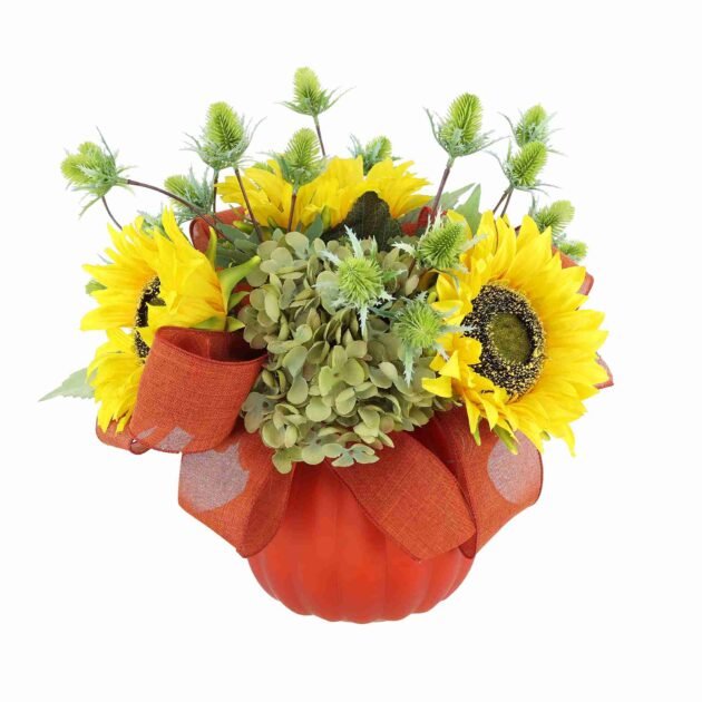 Fall Sunflower and Hydrangeas Arranged in Pumpkin Glass