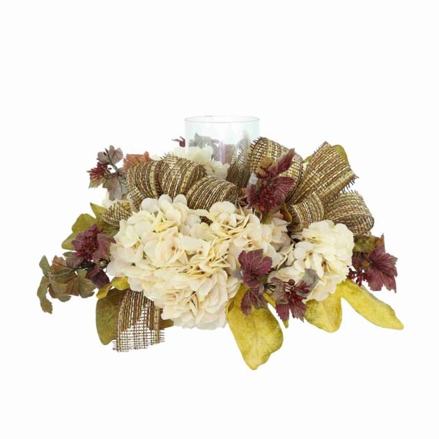 Fall Candleholder Centerpiece with Hydrangeas and Thistle
