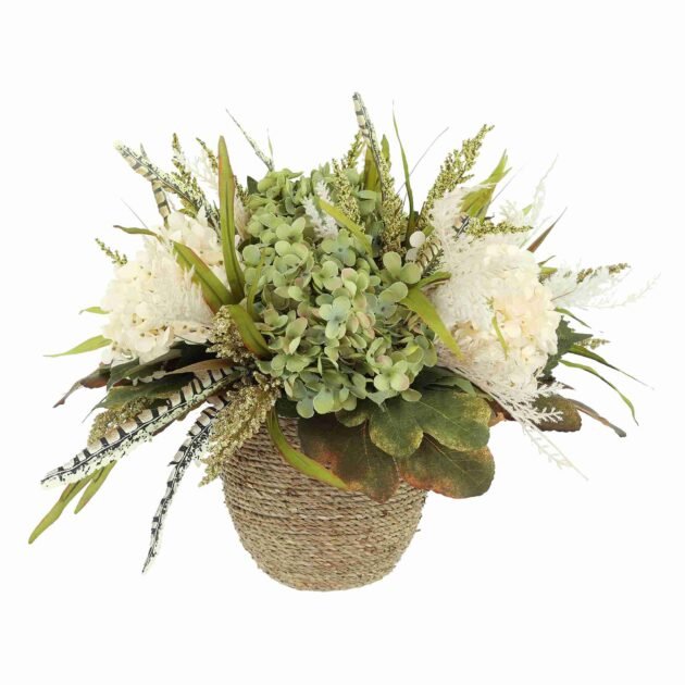 Fall Arrangement with Hydrangeas and Wheat in Rope Pot - Image 2