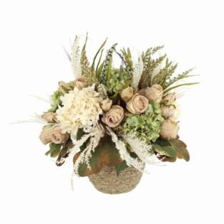 Fall Arrangement with Hydrangeas and Roses in Rope Pot - Image 2